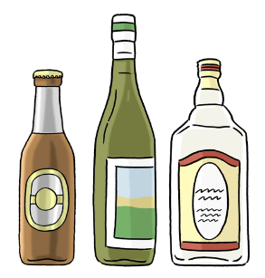 Das Bild zeigt Alkohol. Man sieht eine Flasche Bier, eine Flasche Wein und eine Flasche Schnaps.