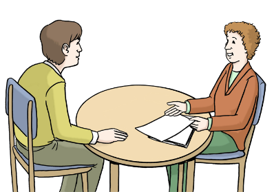 Das Bild zeigt zwei Personen. Sie sitzen an einem Tisch und sprechen miteinander. Vor einer Person liegen mehrere Blätter.