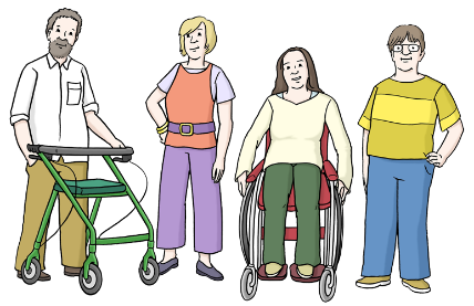 Das Bild zeigt vier Menschen mit Behinderung. Eine Person sitzt im Rollstuhl. Eine andere Person hat einen Rollator. Die beiden anderen Personen haben Lernschwierigkeiten.