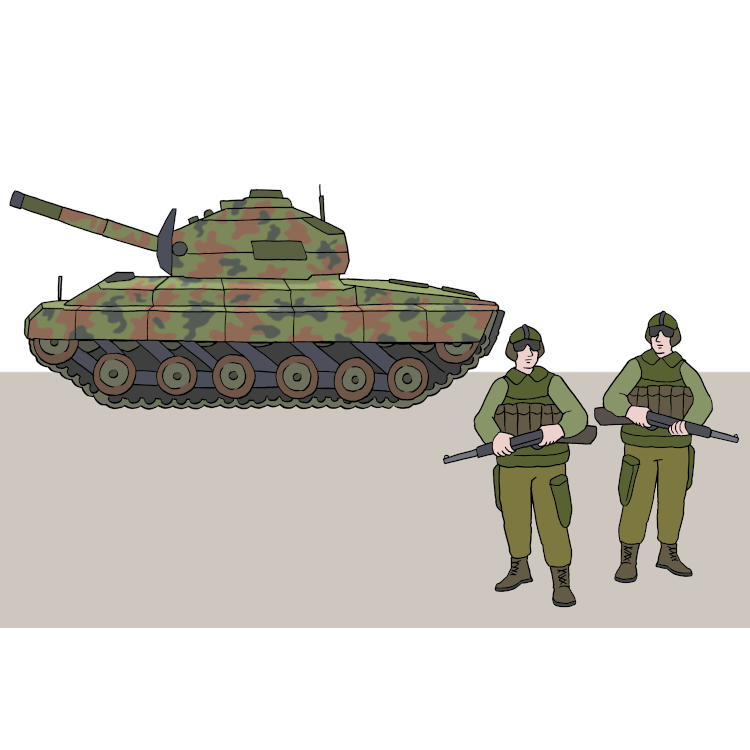 Das Bild zeigt zwei Soldaten. Sie stehen vor einem Panzer.
