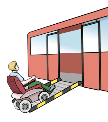 Das Bild zeigt einen Mann im Elektro-Rollstuhl. Er fährt gerade über eine Rampe in einen Zug.