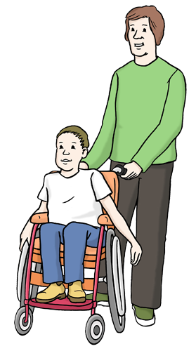 Das Bild zeigt einen Vater. Er schiebt seinen Sohn im Rollstuhl.