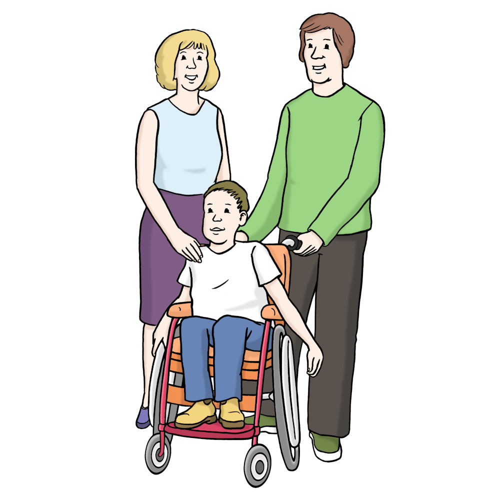 Das Bild zeigt eine Familie. Man sieht Mutter und Vater. Sie stehen hinter ihrem Sohn. Ihr Sohn sitzt in einem Rollstuhl.