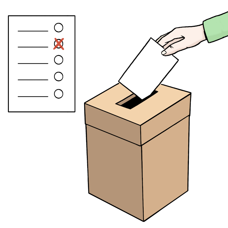 Das Bild zeigt eine Hand. Die Hand wirft einen Wahlzettel in eine Wahlurne.